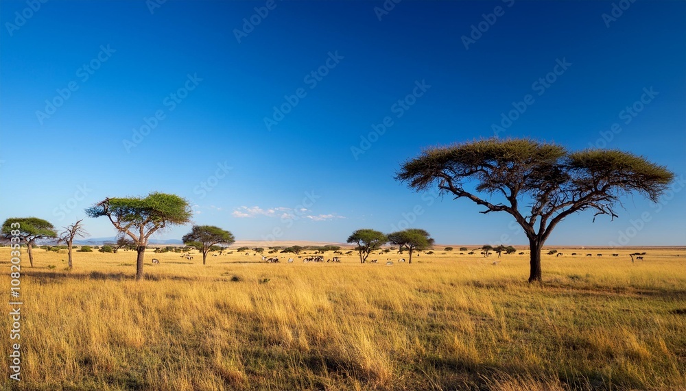 Vast Open Savannah Stretching to the Horizon, With Towering Acacia Trees Dotted Across the Landscape, Beneath a Clear Blue Sky and Gently Grazing Herds in the Distance Vast Open Savannah Stretching to the Horizon, With Towering Acacia Trees Dotted Across the Landscape, Beneath a Clear Blue Sky and Gently Grazing Herds in the Distance