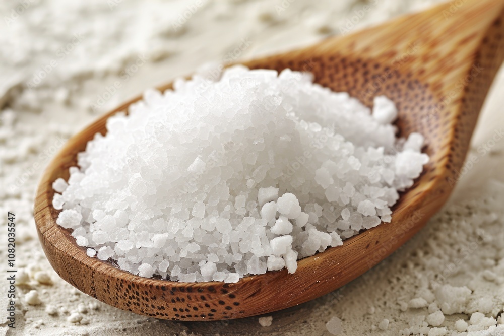 A wooden spoon filled with white sugar sitting on a table A wooden spoon filled with white sugar sitting on a table