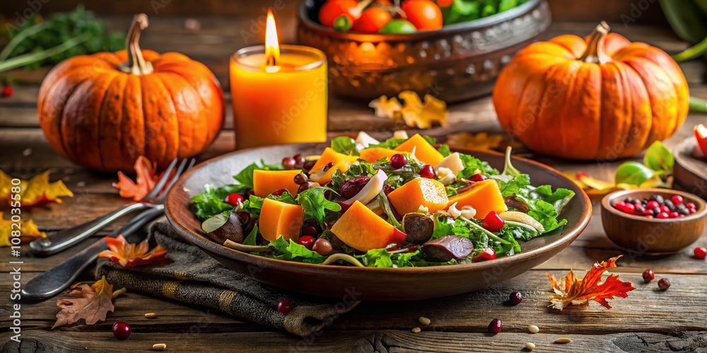 Capture the essence of autumn with a low-light pumpkin salad photo, highlighting warm, inviting colors. Capture the essence of autumn with a low-light pumpkin salad photo, highlighting warm, inviting colors.