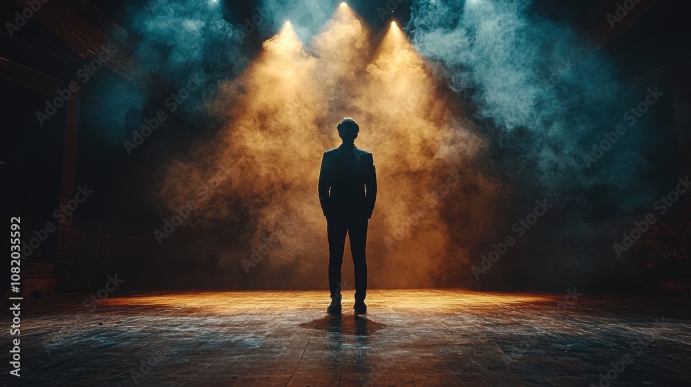 Silhouette of a Person in a Dark Theater Surrounded by Dramatic Fog and Spotlight Lighting, Creating an Atmosphere of Anticipation and Mystery Silhouette of a Person in a Dark Theater Surrounded by Dramatic Fog and Spotlight Lighting, Creating an Atmosphere of Anticipation and Mystery