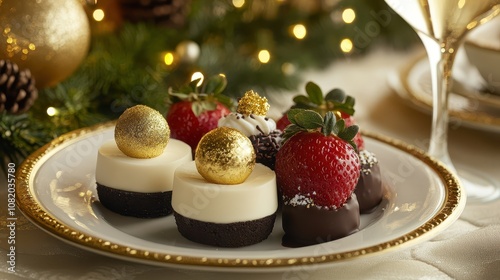 Elegant New Year’s Dessert Plate Featuring Mini Cheesecakes and Chocolate-Dipped Strawberries for a Festive Celebration