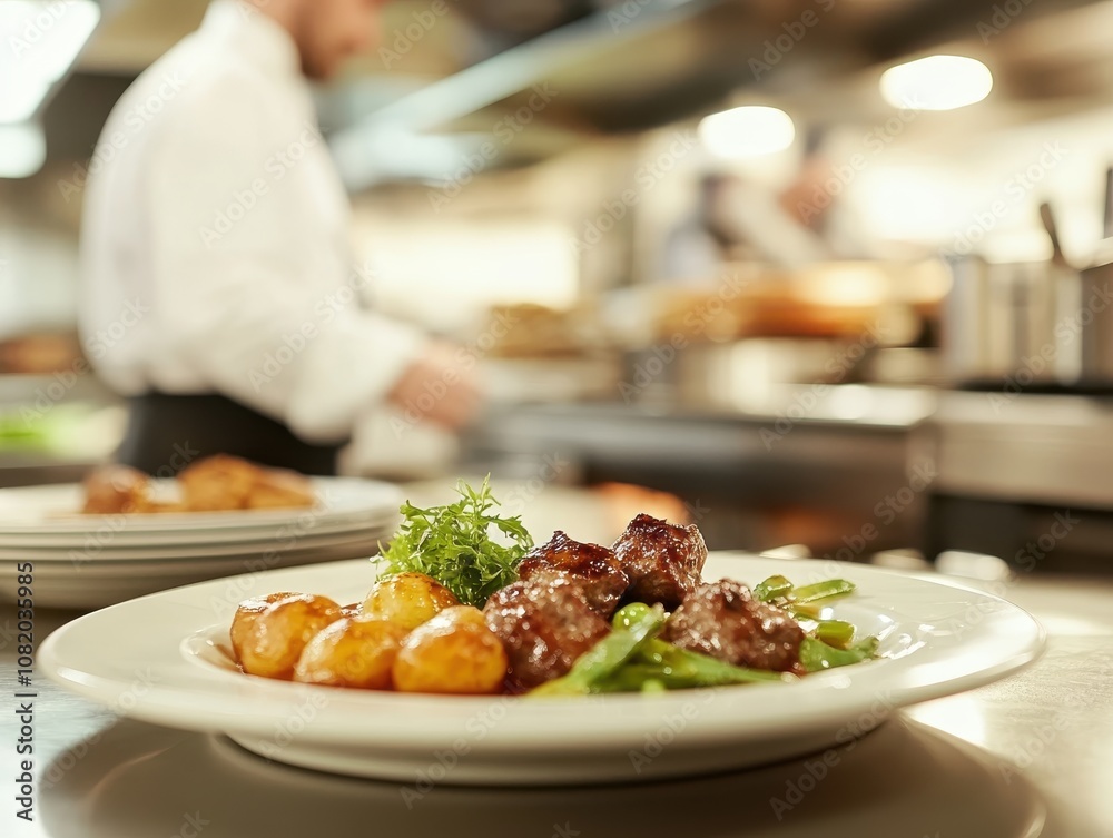 Macro view of a delicate swirl of sauce on a plate, vibrant colors and textures of the dish in focus, confident chef working in the blurred background Macro view of a delicate swirl of sauce on a plate, vibrant colors and textures of the dish in focus, confident chef working in the blurred background