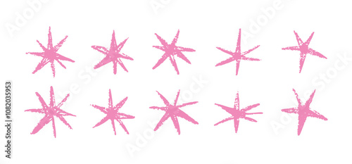 Shape pink hand drawn stars elements, abstract. Graphic pink stars scribble doodles, color collage.