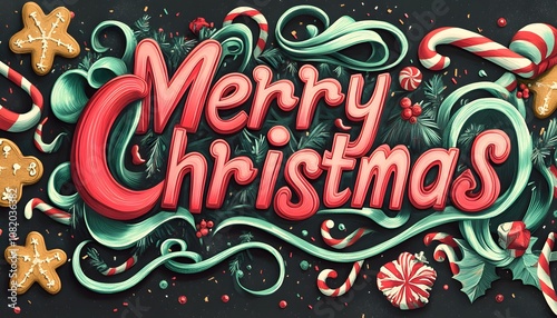 Festive Merry Christmas design featuring vibrant candy canes, gingerbread cookies, and greenery