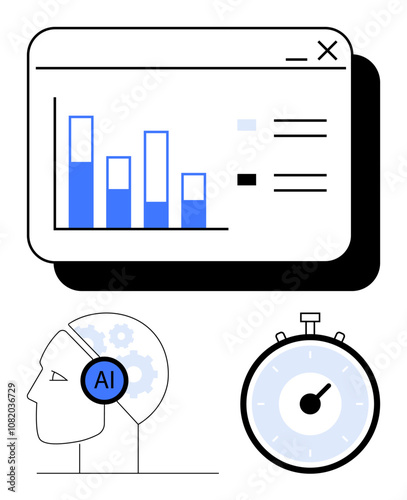 Chart with blue bars in a window, AI symbol inside a human head gear, and stopwatch. Ideal for data analysis, artificial intelligence, time management, technology, productivity, efficiency