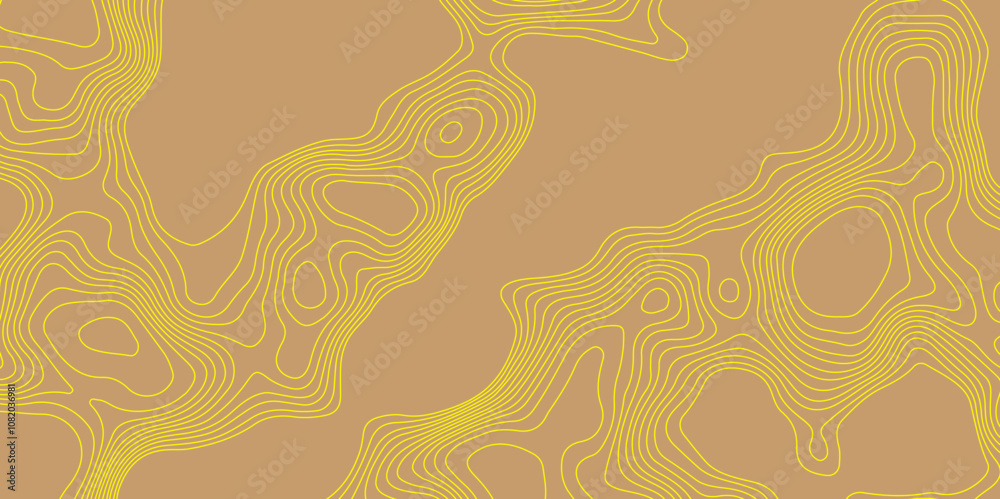 Fototapeta premium Curve yellow lines abstract topographic map brown background with vector contour map and geography map grid, lines map seamless pattern geographic mountain relief luxury topographic wavy pattern.
