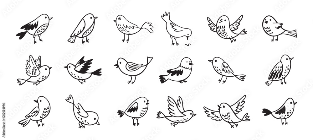 Obraz premium Bird doodle set. Birds hand drawn collection. Cute hand drawn bird doodles. Black on white drawing