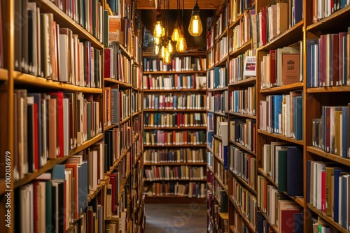 A long row of books on shelves in a quiet library setting