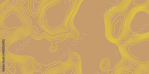 Curve yellow lines abstract topographic map brown background with vector contour map and geography map grid, lines map seamless pattern geographic mountain relief luxury topographic wavy pattern.