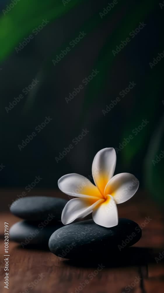 White frangipani flower rests on black zen stones, creating a serene spa atmosphere amid lush green foliage White frangipani flower rests on black zen stones, creating a serene spa atmosphere amid lush green foliage