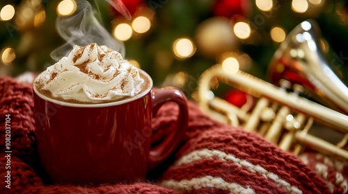 A steaming mug of hot chocolate topped with whipped cream and cinnamon sits on a red and white striped blanket with a trumpet and a decorated Christmas tree in the background.