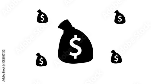 Zoom in and out animation the bag of money symbol. Large black symbol in the center and four small symbols around. Seamless looped 4k animation on white background