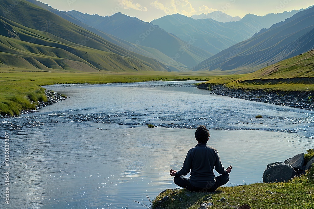 Fototapeta premium Person meditating by serene mountain river in valley