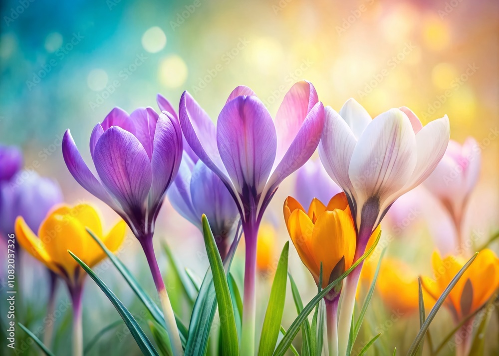 Delicate pastel crocuses bloom, a springy backdrop for your text. Delicate pastel crocuses bloom, a springy backdrop for your text.