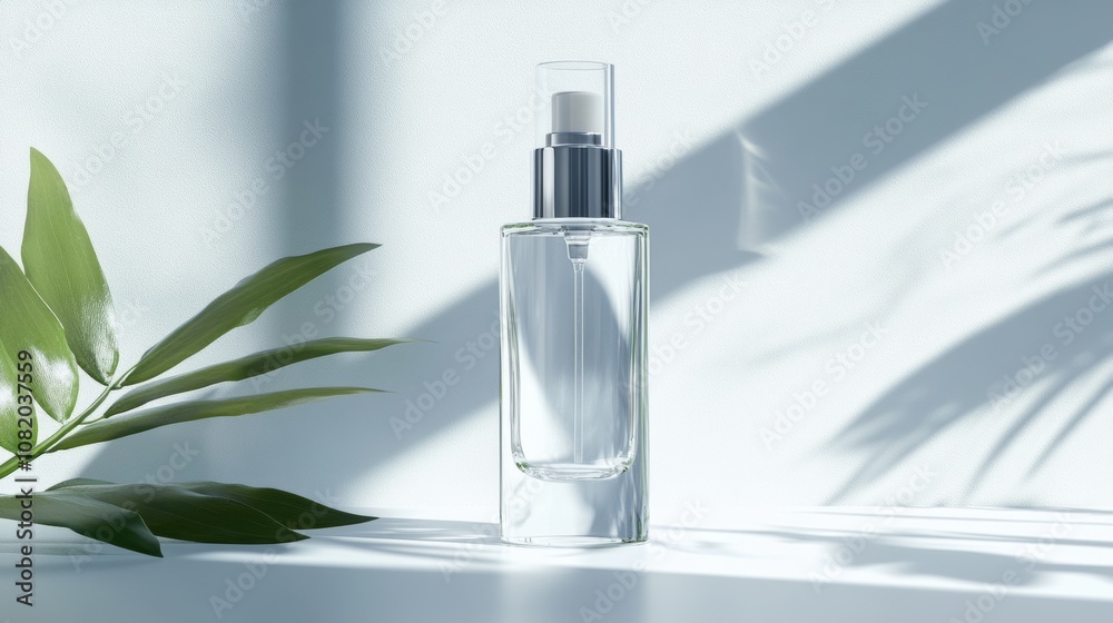 A transparent skincare bottle on a clean white background, representing simple and elegant cosmetic packaging, ideal for modern beauty brands