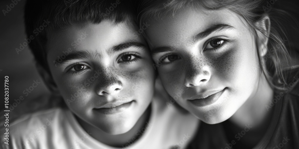 A black and white photo of two children playing or having fun together A black and white photo of two children playing or having fun together