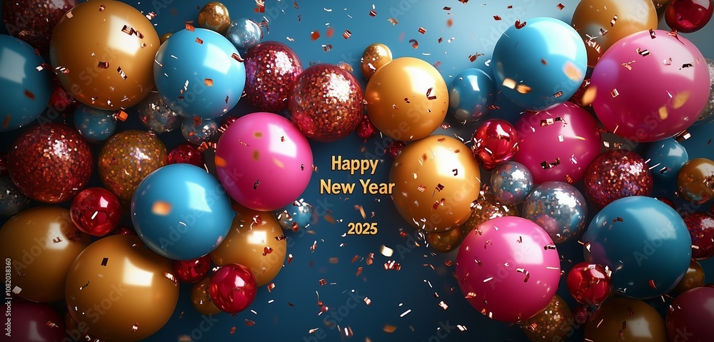 Happy New Year 2025 with a playful array of multicolored balloons and festive firecracker trails. Happy New Year 2025 with a playful array of multicolored balloons and festive firecracker trails.
