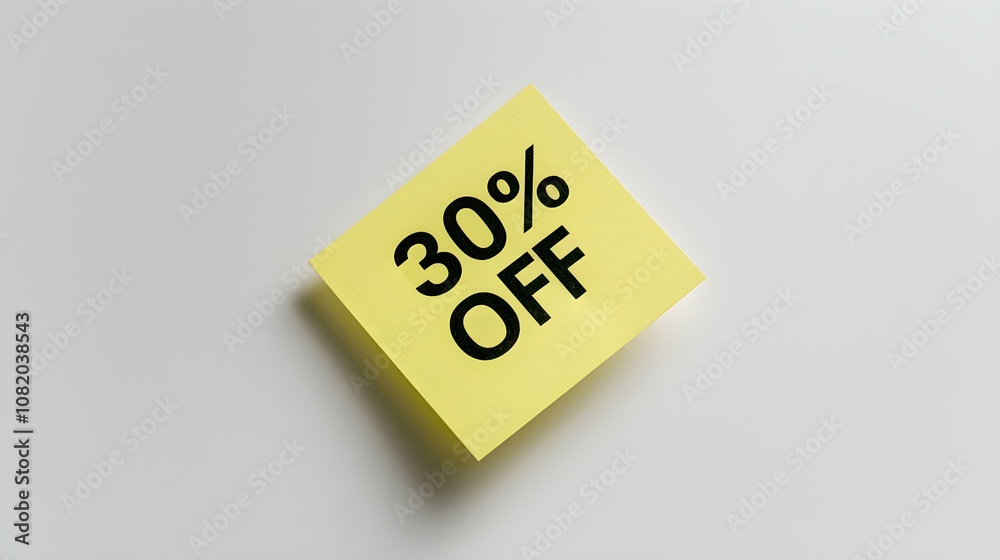 Black '30% OFF' Text on a Yellow Square Paper Note. White Background with Copy Space Black '30% OFF' Text on a Yellow Square Paper Note. White Background with Copy Space