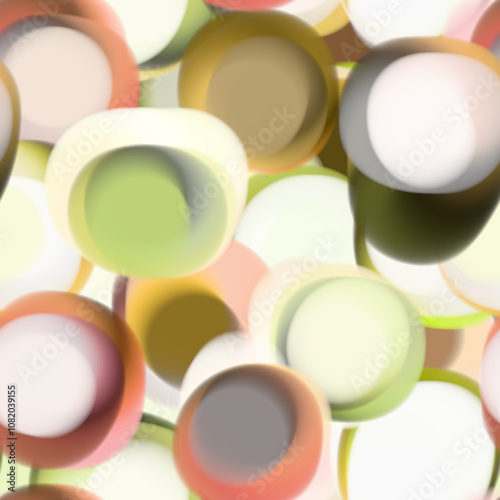 Abstract pattern features overlapping circles in soft hues of green, brown, pink, cream, creating tranquil, harmonious design. Gradual color transitions add depth. For textile print, background, art.