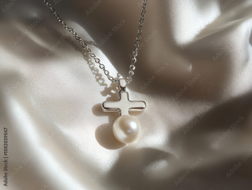 Simple pearl cross with a minimalist design, soft and delicate, embodying purity and understated elegance Simple pearl cross with a minimalist design, soft and delicate, embodying purity and understated elegance