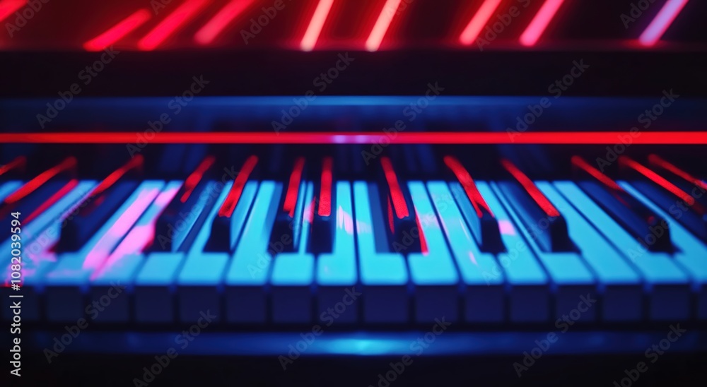Fototapeta premium Close-up of piano keys, with red and blue neon lights in the background.