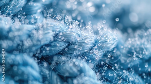 Blue knitted fabric with water drop as a background, macro photo, close up