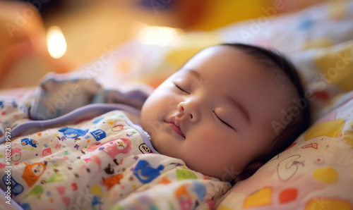 peaceful baby girl sleeping soundly in crib, illuminated by soft glow of nightlight