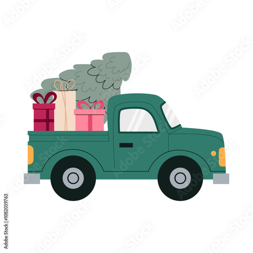 Green pickup truck with Christmas tree and gifts. Winter car illustration. Vector illustration for Christmas, New Year, cards, prints, posters.