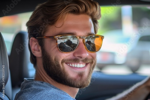 A man behind the wheel of a vehicle, dressed in shades