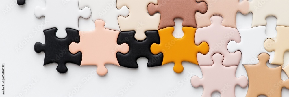 A puzzle with many pieces of different colors and sizes. The puzzle is not yet complete. Concept of diversity and the challenge of putting together a complex puzzle A puzzle with many pieces of different colors and sizes. The puzzle is not yet complete. Concept of diversity and the challenge of putting together a complex puzzle