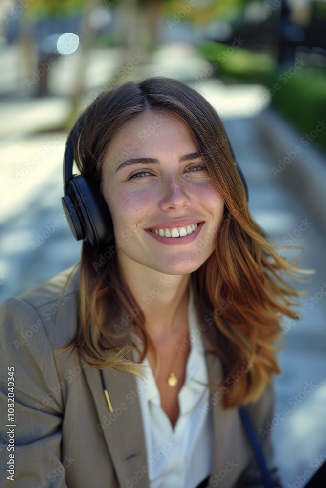 A woman sits alone on a park bench wearing headphones, enjoying music A woman sits alone on a park bench wearing headphones, enjoying music