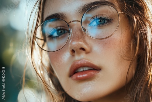 A close-up shot of a woman wearing glasses, with a focus on her facial features