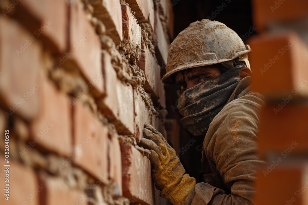 A man wearing a hard hat leans against a brick wall, conveying a sense of relaxation and possibly after a long day's work A man wearing a hard hat leans against a brick wall, conveying a sense of relaxation and possibly after a long day's work