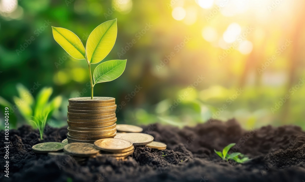 small plant growing from stack of gold coins in soil, representing growth and financial prosperity small plant growing from stack of gold coins in soil, representing growth and financial prosperity