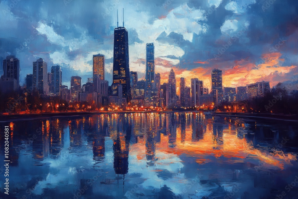 Fototapeta premium Nighttime cityscape with skyscrapers and lights