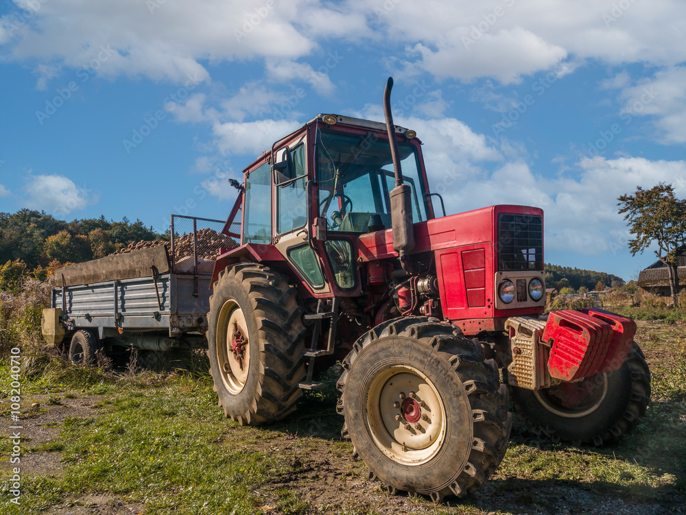 Red Tractor with trailer full of harvested Potatoes parked in the Agricultural Field Red Tractor with trailer full of harvested Potatoes parked in the Agricultural Field