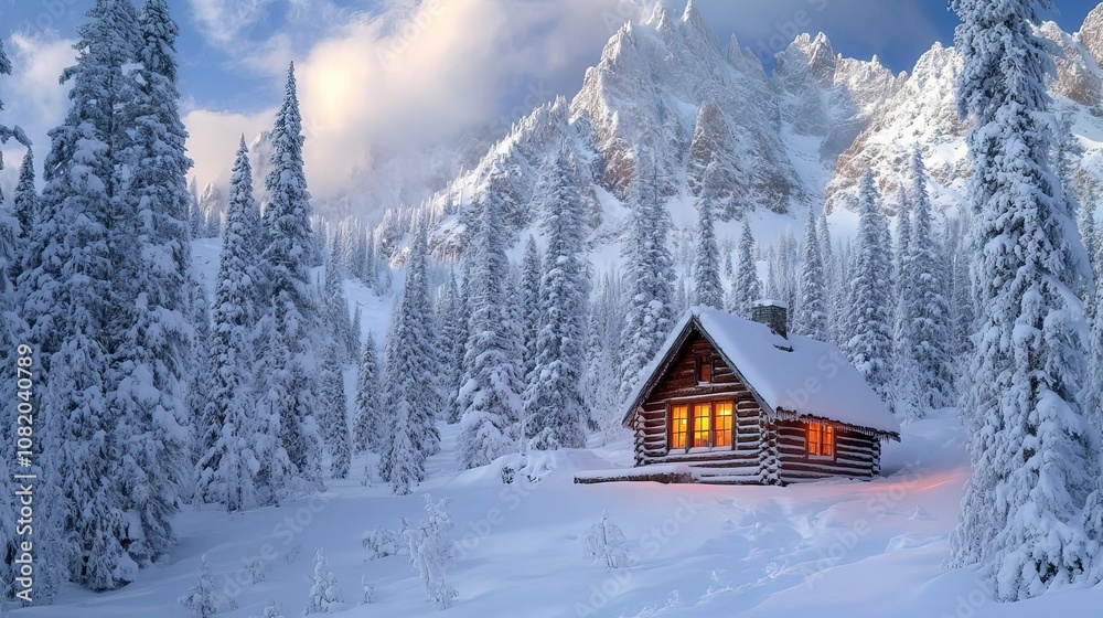 Cozy cabin in a snowy landscape surrounded by tall trees. Cozy cabin in a snowy landscape surrounded by tall trees.