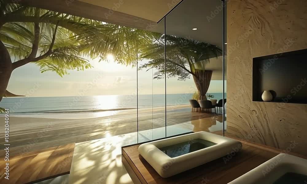 Modern meditation room with minimalist design, clean lines, and a view of a tranquil lake