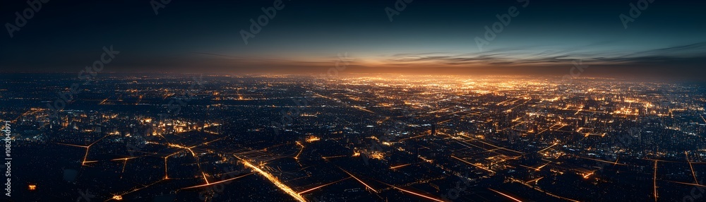 Obraz premium Aerial View of a City at Night with Digital Networks Illuminating Urban Landscapes and Connecting Communities in a Vibrant Night Sky