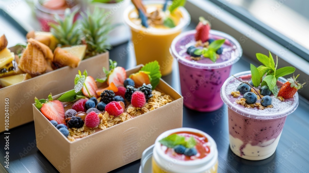 A colorful arrangement of fresh fruit and drinks on a sunny windowsill A colorful arrangement of fresh fruit and drinks on a sunny windowsill