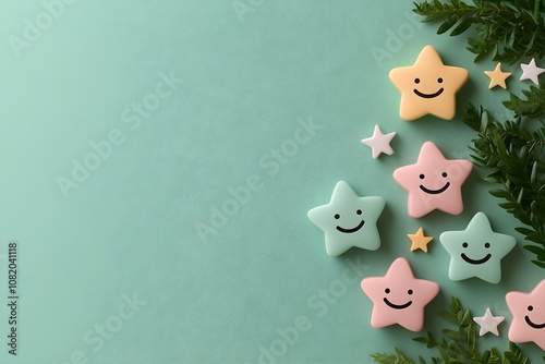 Cute and Cheerful Pastel Colored Stars with Smiley Faces on a Soft Green Background for Employee Satisfaction and Positive Work Environments photo