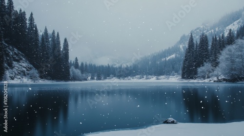 Winter Wonderland: Snowy Lake and Mountains photo