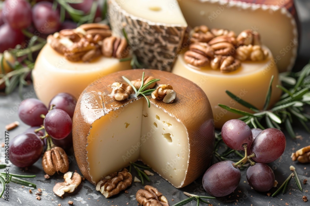 Fototapeta premium A colorful snack plate featuring melted cheese, juicy grapes, and crunchy nuts