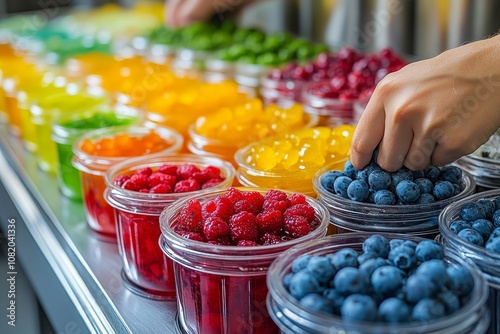 Chef pours colorful fruit jelly from different fruits and berries, step-by-step process. Generative AI