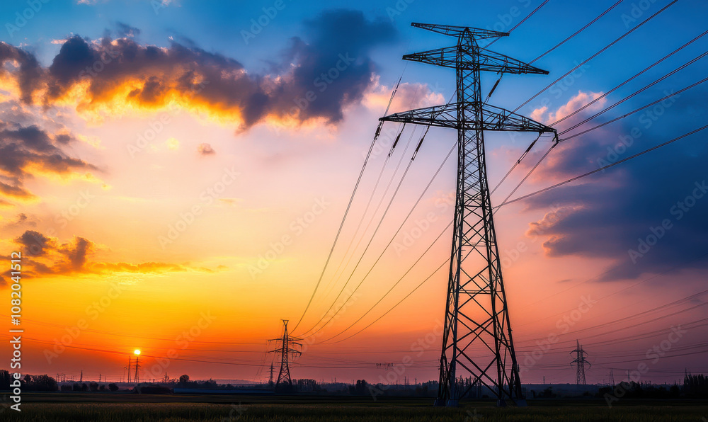 Silhouettes of power lines against colorful sunset sky Silhouettes of power lines against colorful sunset sky