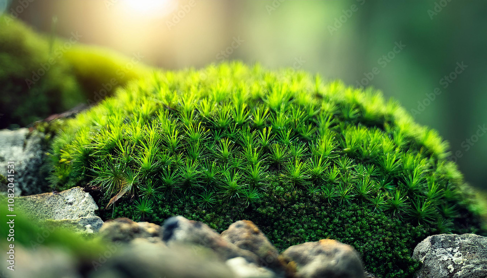 Fototapeta premium Green moss grown up cover the rough stones