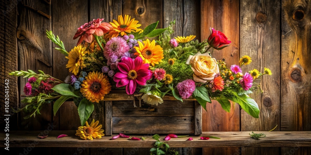 Fototapeta premium Elegant Floral Composition Displayed on Wooden Bracket with Vibrant Blooms in a Rustic Setting Featuring a Mix of Colors and Textures
