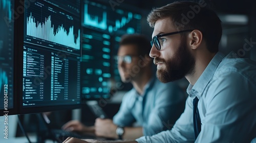 Professional analysts reviewing stock market trends and data on multiple screens, showcasing modern finance insights and strategic management practices in the digital age.