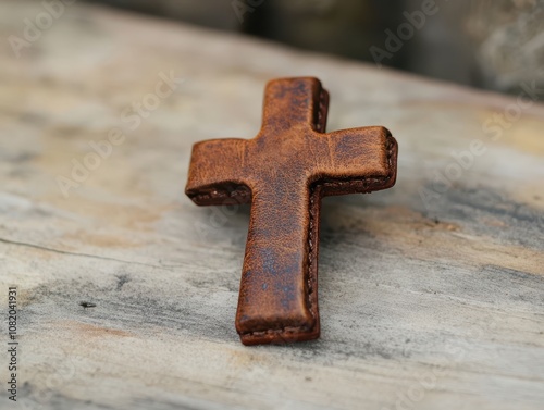 Handcrafted leather cross with a rustic, textured finish, showcasing artisan craftsmanship with a simple, earthy style