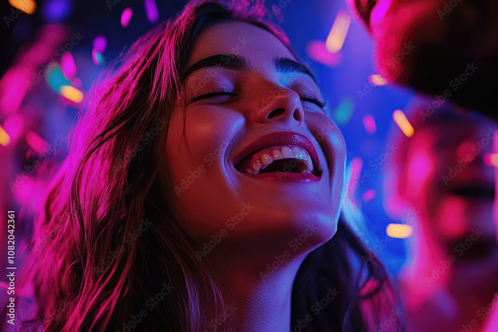 A woman laughs and smiles while surrounded by a group of people, perfect for use as social media or event imagery A woman laughs and smiles while surrounded by a group of people, perfect for use as social media or event imagery